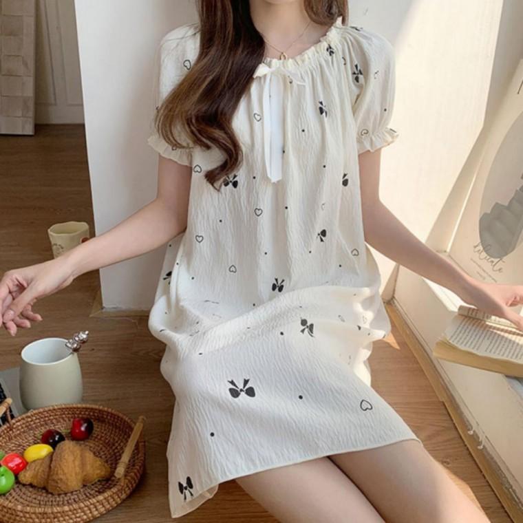 여성 여름 잠옷 프릴 리본 하트 원피스 파자마