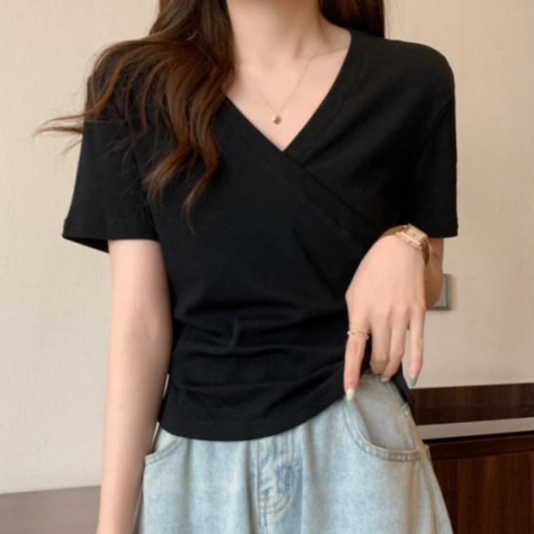 V넥 무지 티셔츠 1+1 여자 여름 셔링 랩 반팔티