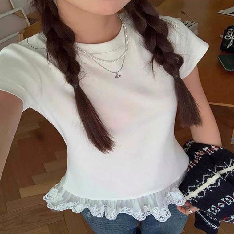 레이스 여름 여성 캡소 세미크롭 반팔 포인트 프릴티