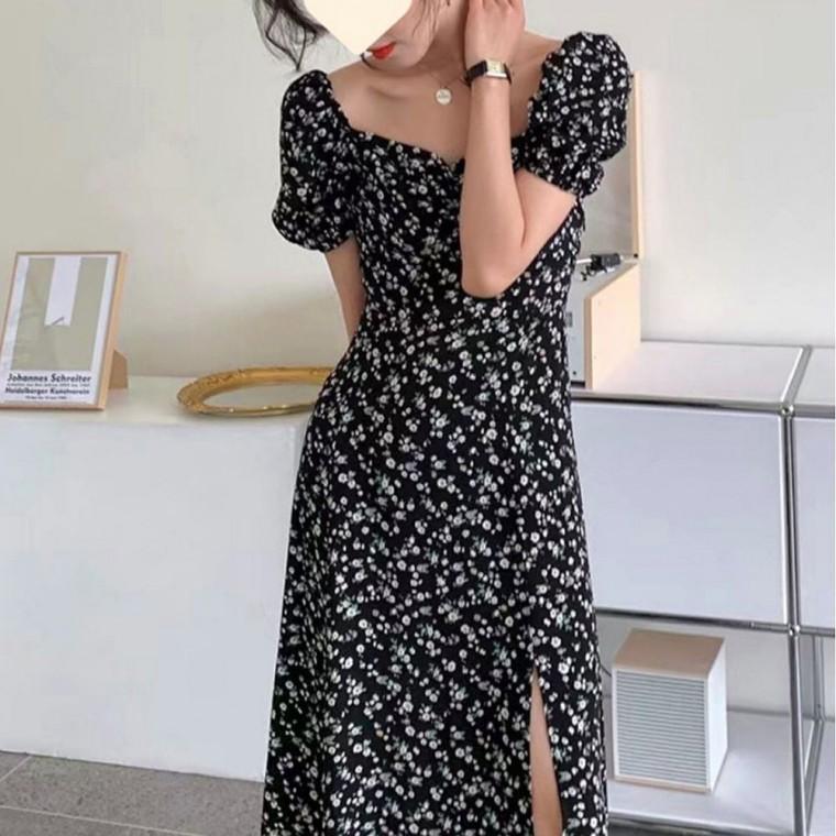 롱 스퀘어넥 셔링 원피스 여름 플라워 여자 퍼프 소매