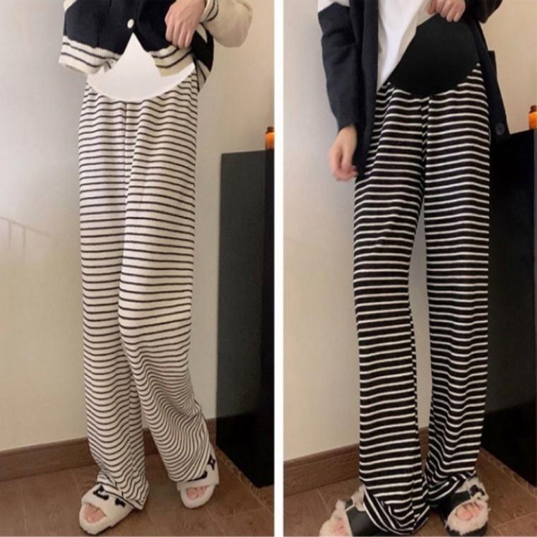 여름바지 일자 여자 2색 팬츠 단가라 허리밴딩 통바지