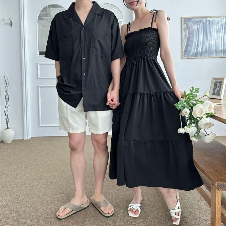 남녀 민소매 셔츠 원피스 여름 커플룩 반팔 스냅 블랙