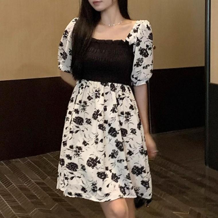 스퀘어넥 블랙 장미 프린트 여름 원피스 데이트 패션 랍슨유통