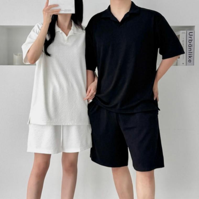 스포츠 커플 봄여름 엠보 카라 반바지 반팔세트 남녀공용