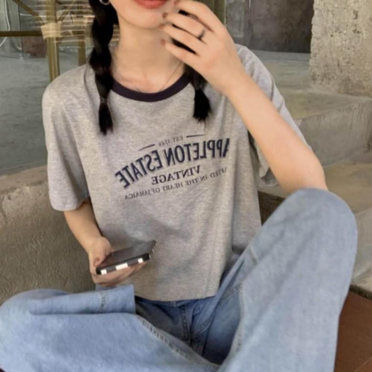 봄 세미크롭 레터링 반팔 티셔츠 여름 캐주얼룩