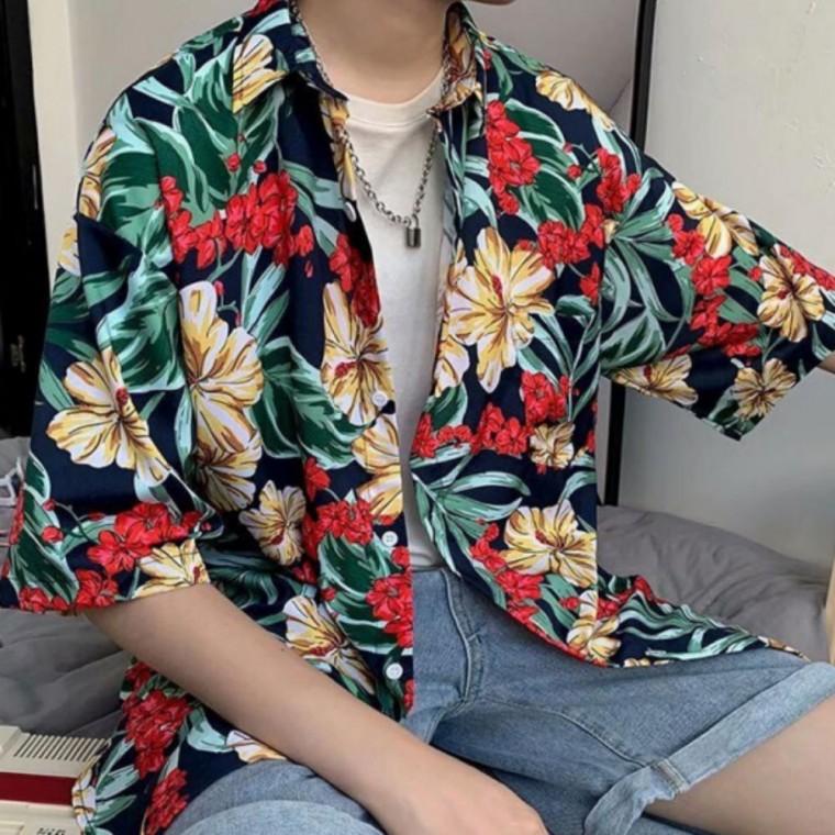 남녀공용 여름 데일리 하와이안 꽃무늬 야자수 반팔 셔츠