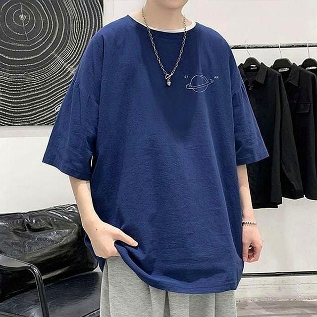 데일리 반팔 상의 티셔츠 남성 행성 프린팅 캐주얼 여름