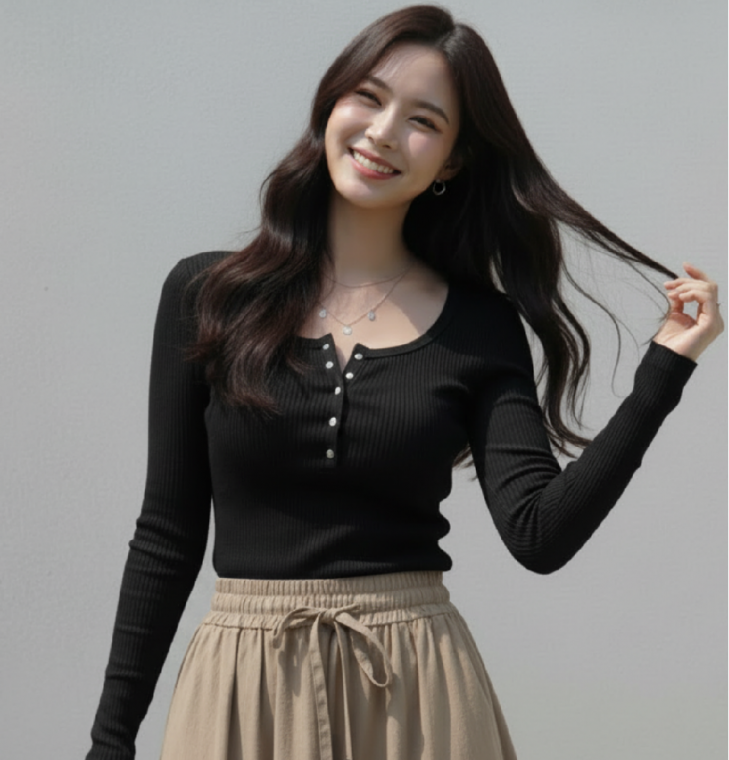 NY GRID 212 슬림핏 골지 라운드넥 검정티셔츠 봄여름티셔츠 Y2K스타일 데님코디 치마코디 체육복코디