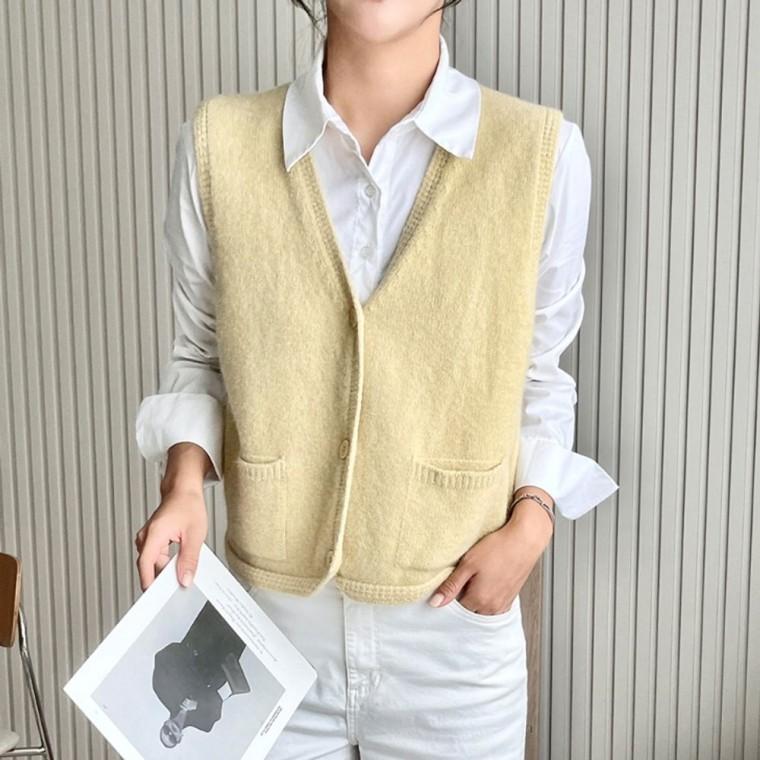 베이직 여성 니트 조끼 브이넥 포켓 쪼끼 니트 베스트