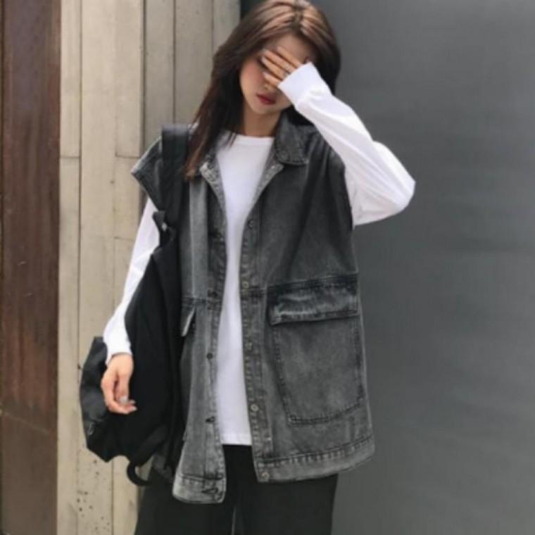 여성 여자 봄 간절기 오버핏 블랙 진 청 데님 조끼 베스트 쪼끼 레이어드룩