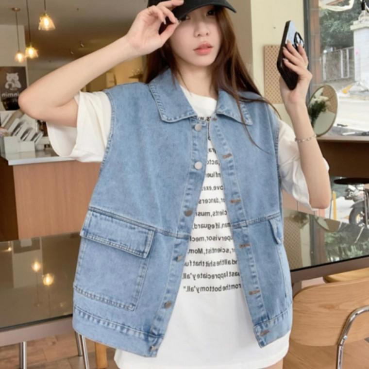 여성 여자 봄 간절기 캐주얼 루즈핏 빅 포켓 블루 진 청 데님 조끼 베스트
