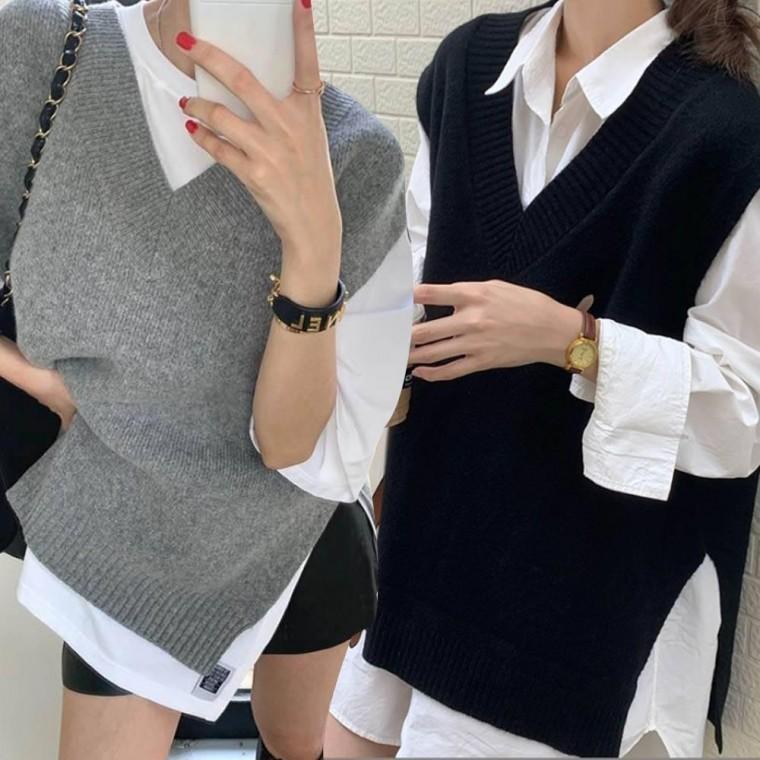 옆트임 모던 레이어드 니트조끼 사계절 브이넥 베스트