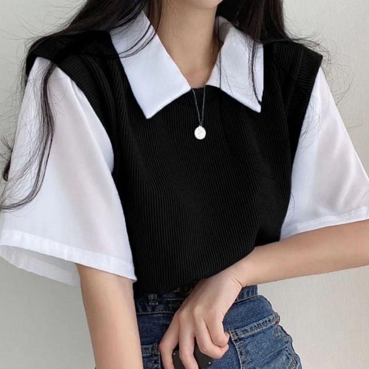 러블리 여자 셔츠 니트조끼 일체형 페이크 반팔티셔츠