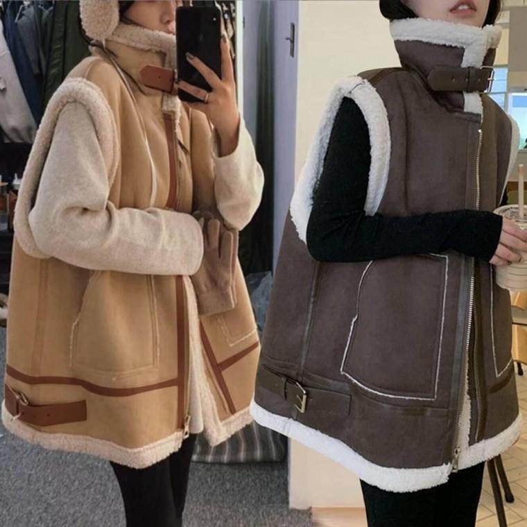 여성 겨울 하이넥 버클 스트랩 무스탕 뽀글조끼 양털가죽베스트