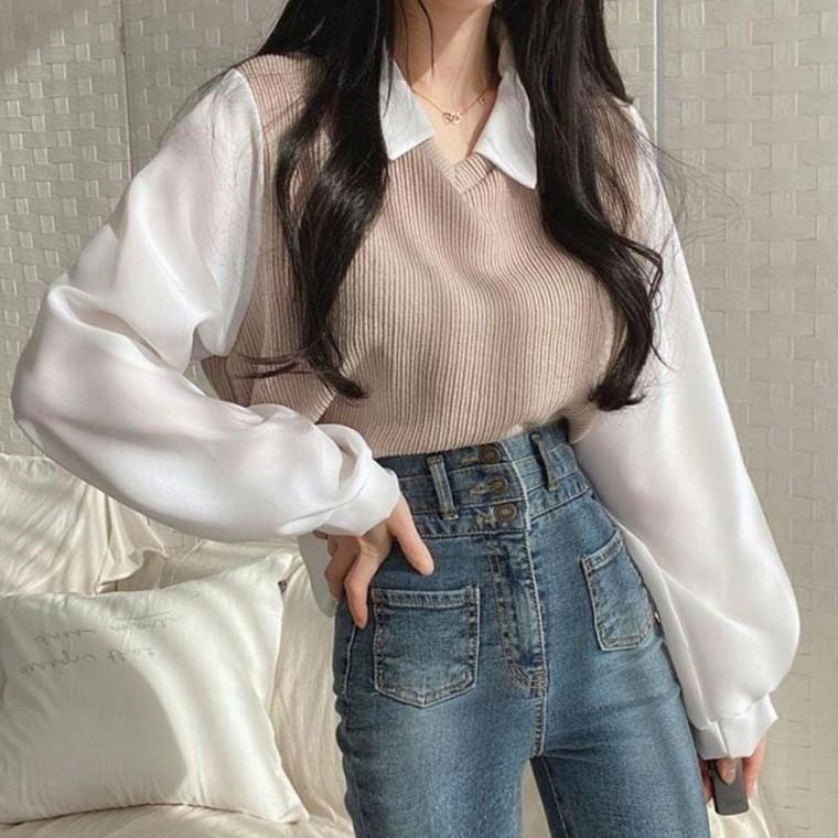 여성 페이크 셔츠 골지니트 조끼 블라우스 일체형 3색