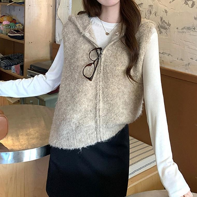 여자 간절기 털니트 후드 조끼