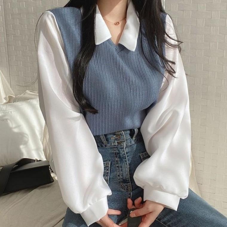 조끼 페이크 여성 티셔츠 카라 블라우스 긴팔 티셔츠