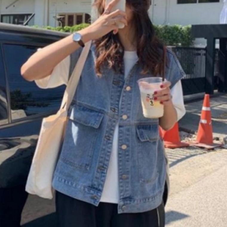 여성 여자 봄 간절기 캐주얼 오버핏 중 청 데님 조끼 베스트 1P