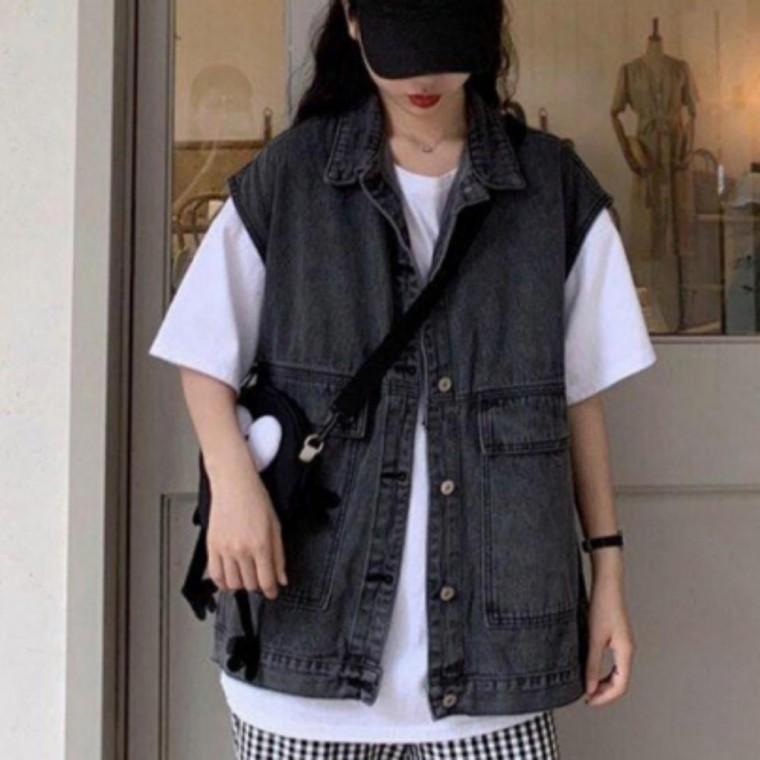 여성 대학생 봄 간절기 루즈핏 캐주얼 블랙 진 연 청 데님 조끼 베스트 레이어드룩