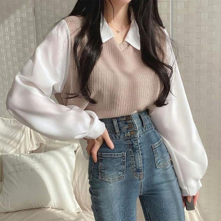퍼프블라우스 여성 일체형 카라 니트조끼 레이어드 배색 3색