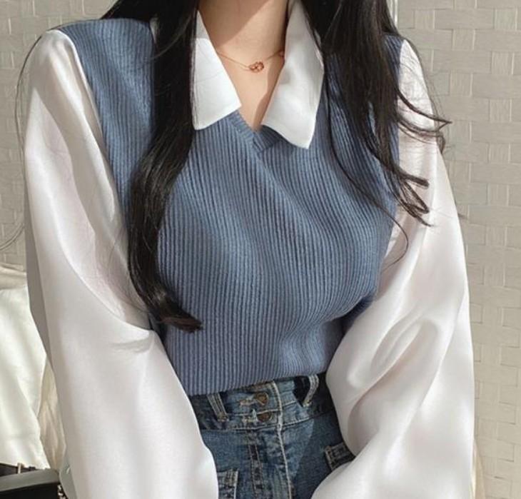 여성블라우스 넥카라 조끼 페이크 셔츠 블라우스 ST0160