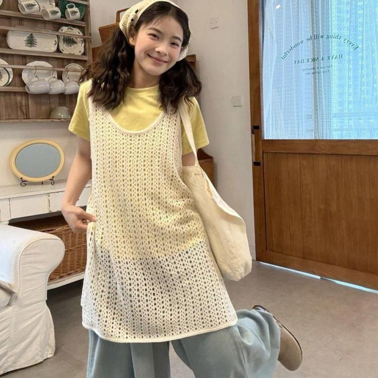 여자 라운드 옆 트임 통기성 그물 펀칭 롱 조끼 여성 귀여운 니트 캐주얼 베스트 니트티