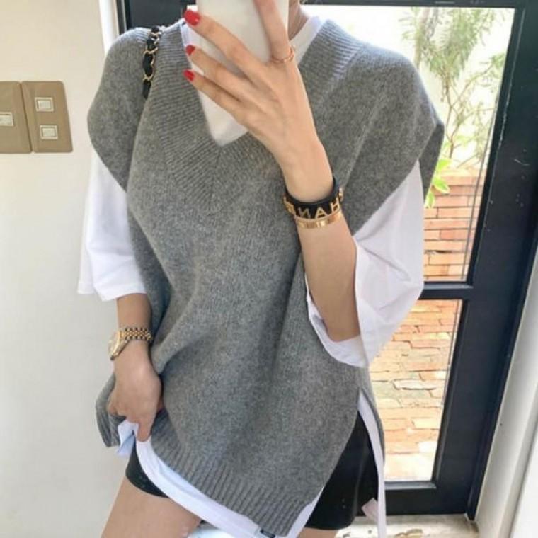 옆트임 모던 니트조끼 여성 레이어드 베스트 브이넥
