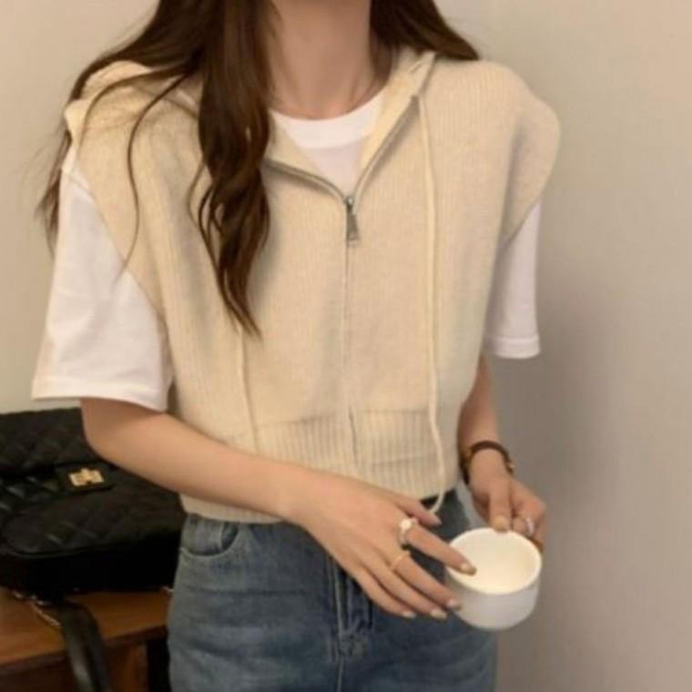 3컬러 후드 니트 여성 조끼 반집업 베스트 레이어드