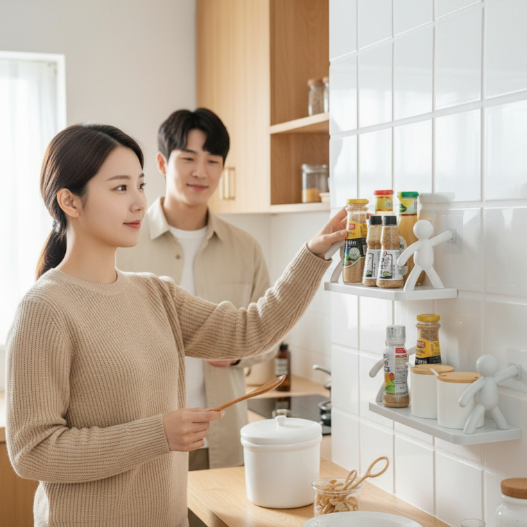 무타공 벽걸이 선반 플라스틱 부착식 간이 거실 욕실 수납함 틈새 정리대 화이트