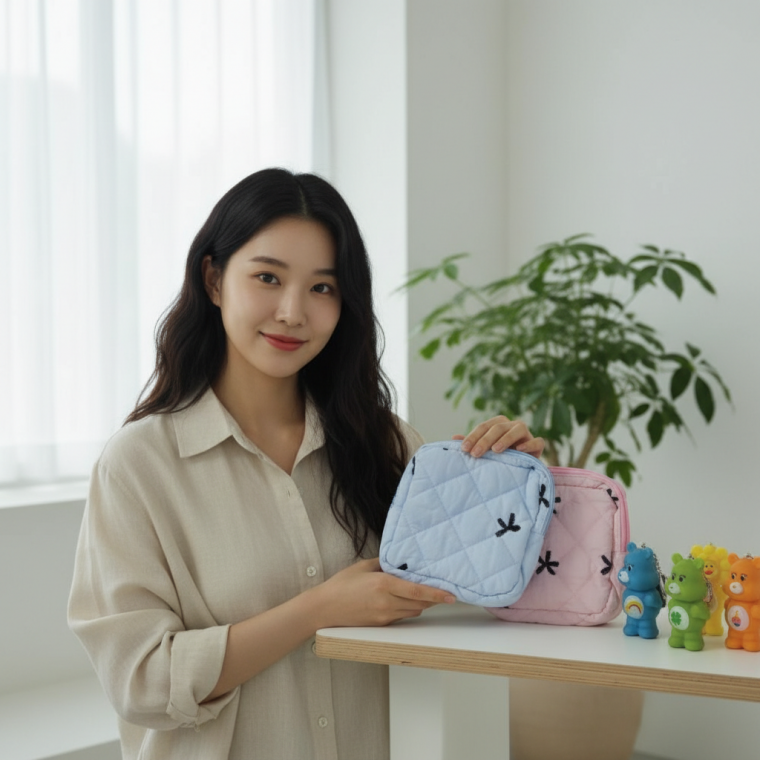 리본 자수 생리대 파우치 퀼팅 여성용 수납 가방 화장품 소품 정리함 휴대용