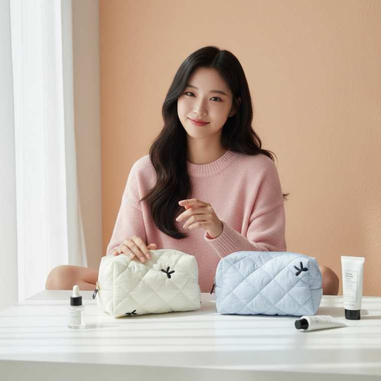 리본 자수 퀼팅 화장품 파우치 수납 가방 여행용 휴대용 메이크업 소품 정리함