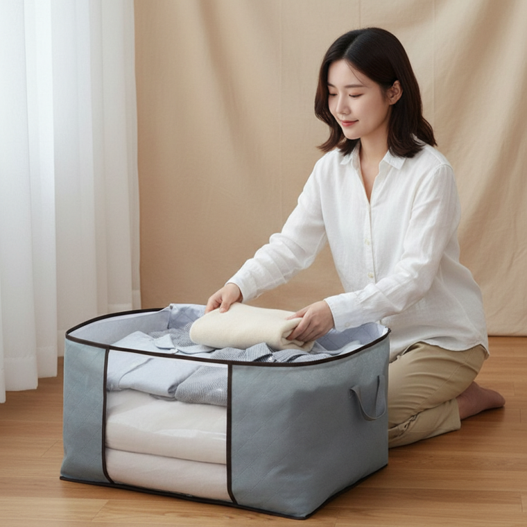 이불정리함 투명창 손잡이형 부직포 수납가방 계절 의류 옷 보관함