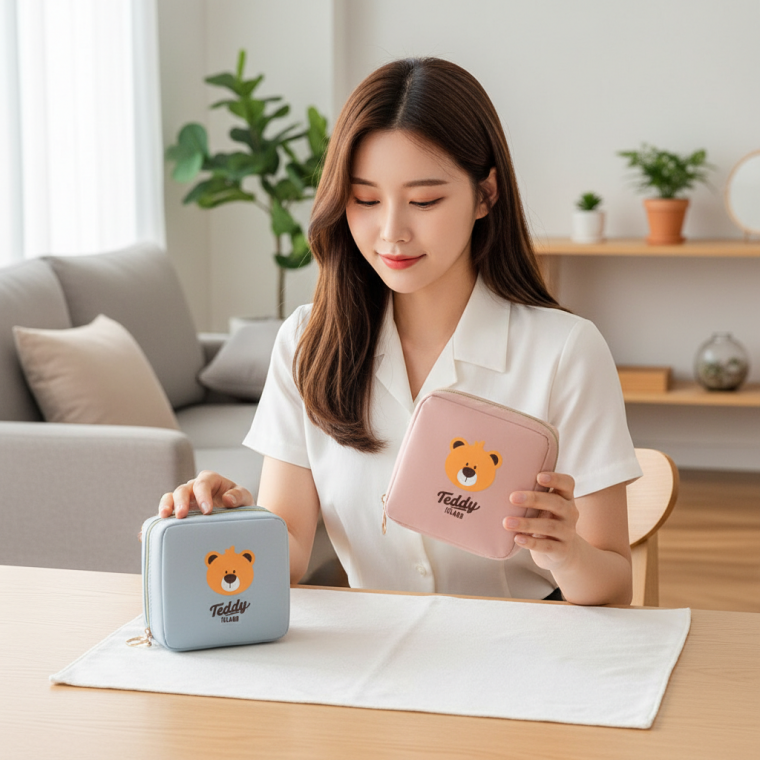 곰돌이 캐릭터 위생용품 파우치 생리대 수납 가방 여행용 소지품 멀티 지퍼