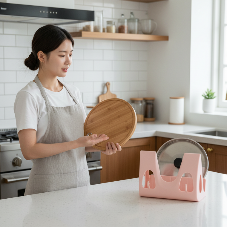주방 벽걸이 냄비 뚜껑 정리대 접착식 도마 보관 거치대 다용도 주방용품 수납함