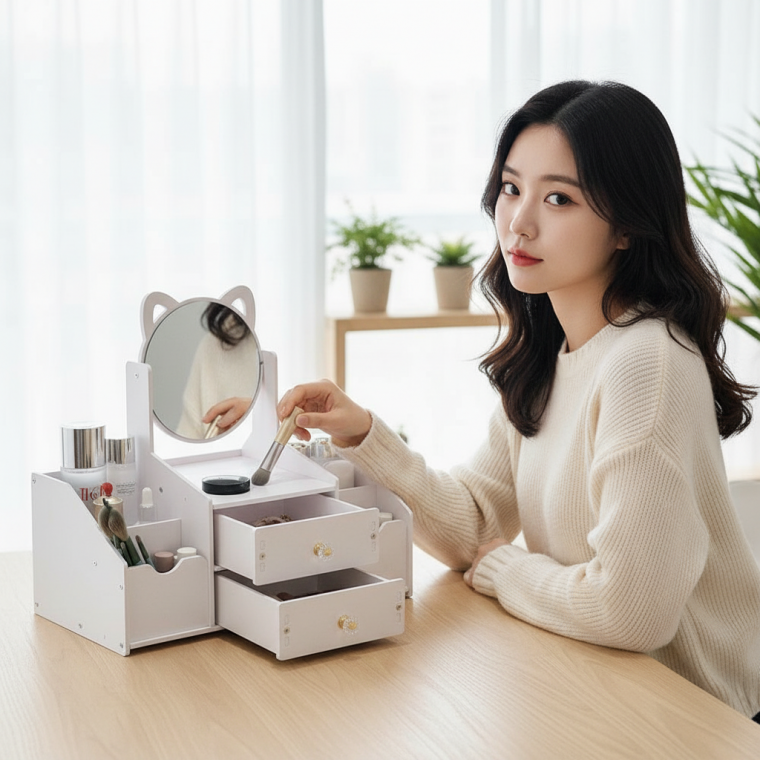 거울 일체형 화장품 정리대 메이크업 화장대 수납함 코스메틱 보관함 진열대
