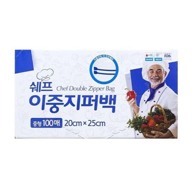 쉐프 이중 지퍼백 비닐팩 위생 주방 봉투 20x25 100매