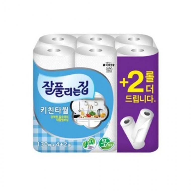 잘풀리는집 엠보싱 130매 키친타월 4+2롤 타올 업소용 대용량 주방 휴지 롤화장지