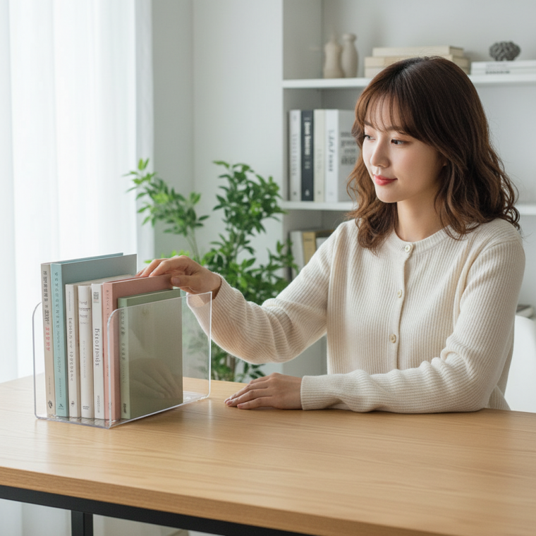 투명 아크릴 데스크 책꽂이 학생 사무용 서류 정리함 다용도 잡지 꽂이대