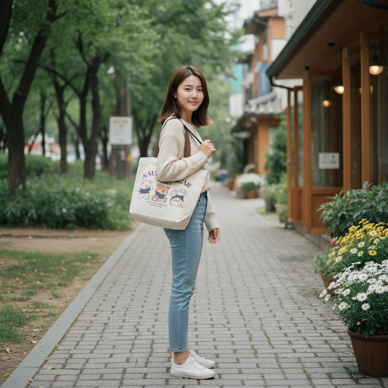 베어 캐릭터 프린팅 캔버스 천 가방 데일리 대학생 보조 에코백 아이보리