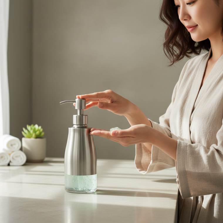 스테인리스 손세정제 디스펜서 욕실 샴푸통 리필용 주방 세제 용기 펌프병 500ml 실버 타워형 액체 비누 통