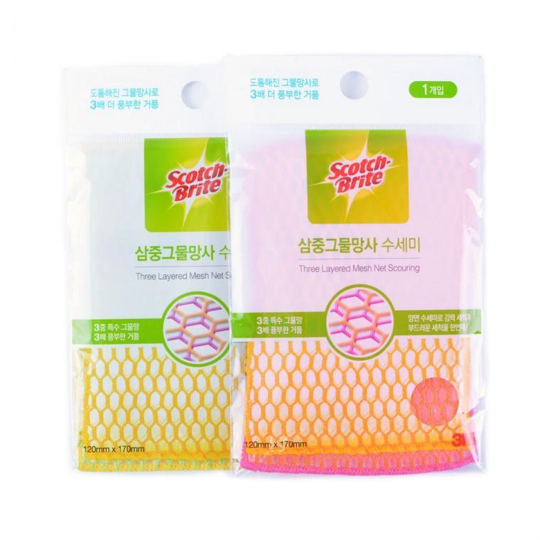 양면 삼중 그물망사 주방 설거지 수세미 1개 세척 청소 욕실