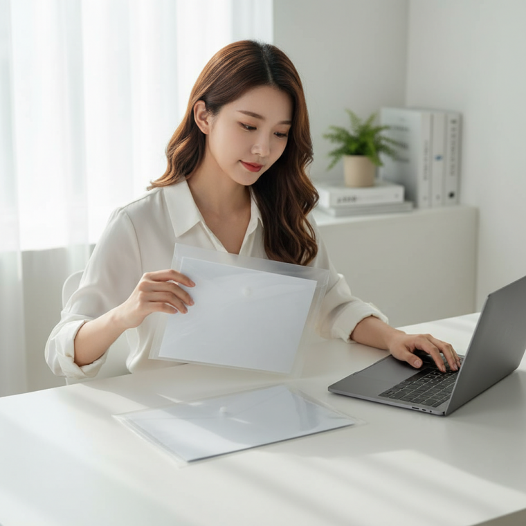 A4 투명 서류 보관 파우치 PP 단추형 스냅 파일 홀더 사무용 정리 가방