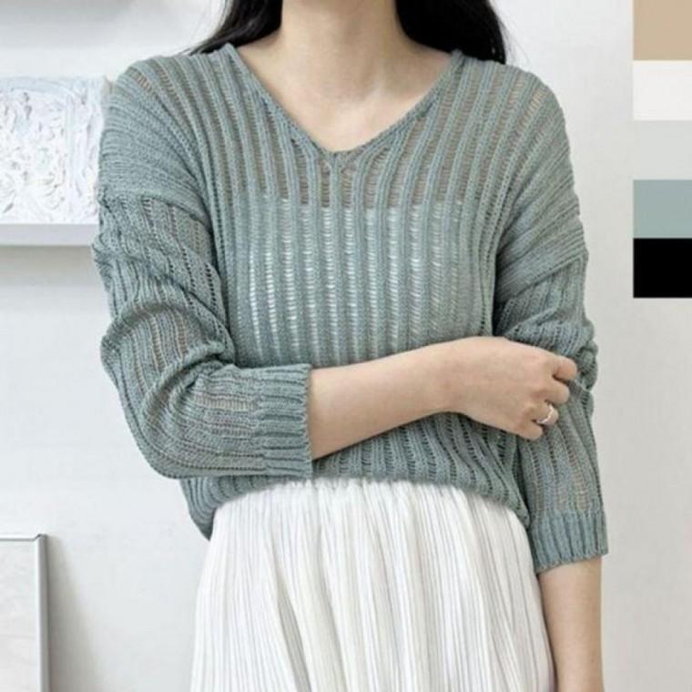 긴팔 여친룩 데일리룩 1P 그물 브이넥여름 간절기옷 니트 여성 여친룩 간절기옷 여자 데일리룩