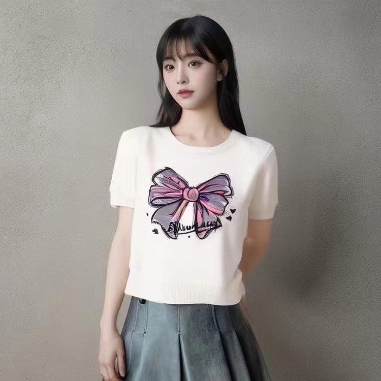 여성긴팔 여자 풀오버 리본프린팅 여름 여성패션 반팔티 여성라운드 간절기