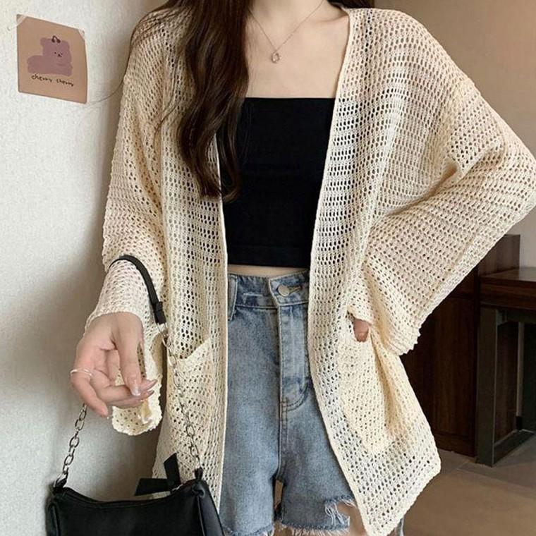 넓은소매 그물짜임 여리핏 여성 여름 시스루 가디건