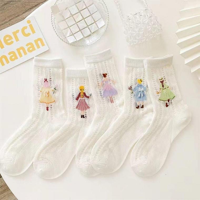 부드러운 패션 공주 시스루 긴목 양말 데일리 5쌍 세트 여성 귀요미 여자 레이스 여름