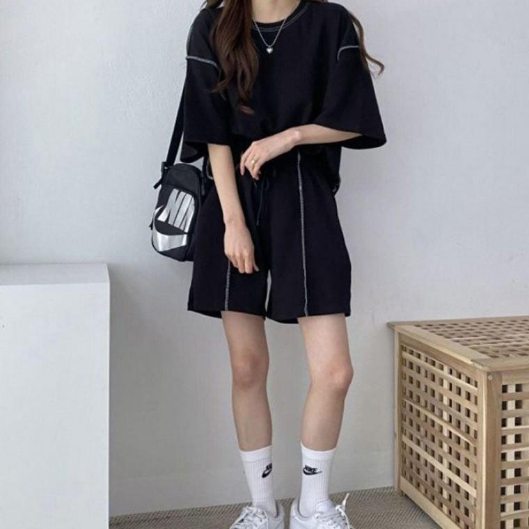 캐주얼 여성 여름 휴가 여행 코디 반팔 반바지 셋업