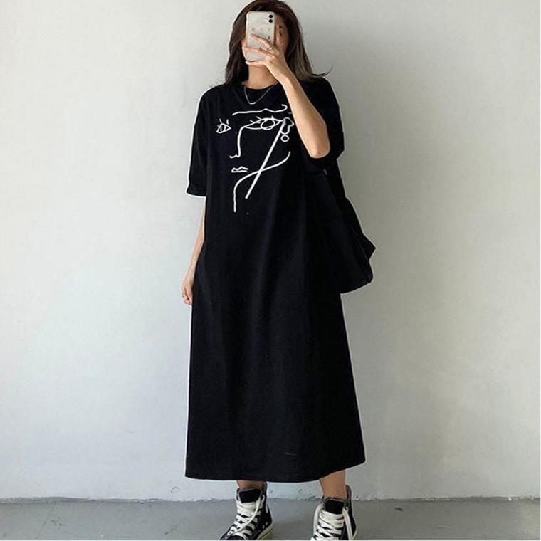 프린팅 원피스 여름 얼굴 여자 루즈핏 반팔 롱 데일리