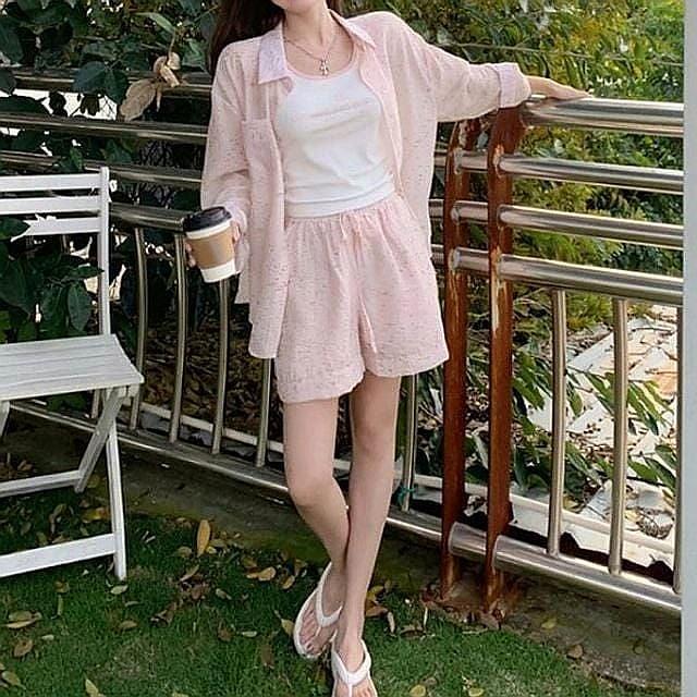 얇은 반바지 여름 셔츠 여성 시스루 세트 셋업 시원한