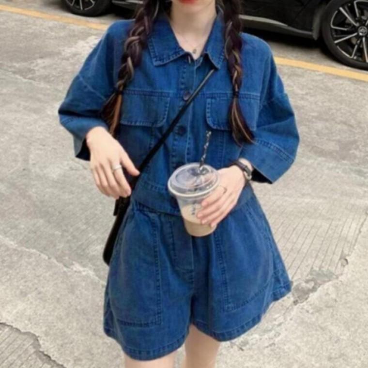 여성 반팔 상의 데님 숏팬츠 세트 봄 여름 발랄한 투피스 코디
